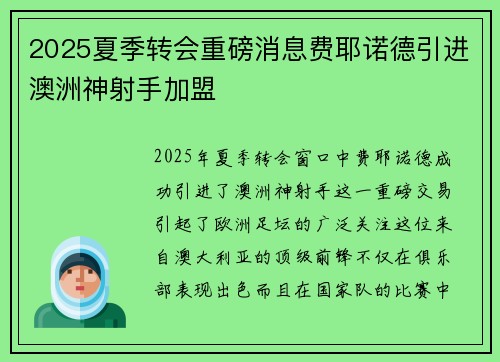 2025夏季转会重磅消息费耶诺德引进澳洲神射手加盟 2025夏季转会重磅消息费耶诺德引进澳洲神射手加盟