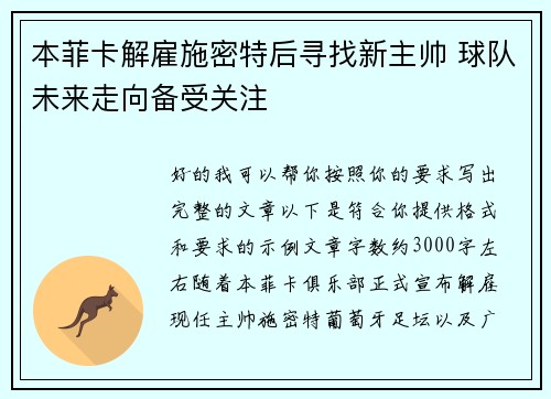 本菲卡解雇施密特后寻找新主帅 球队未来走向备受关注 本菲卡解雇施密特后寻找新主帅 球队未来走向备受关注